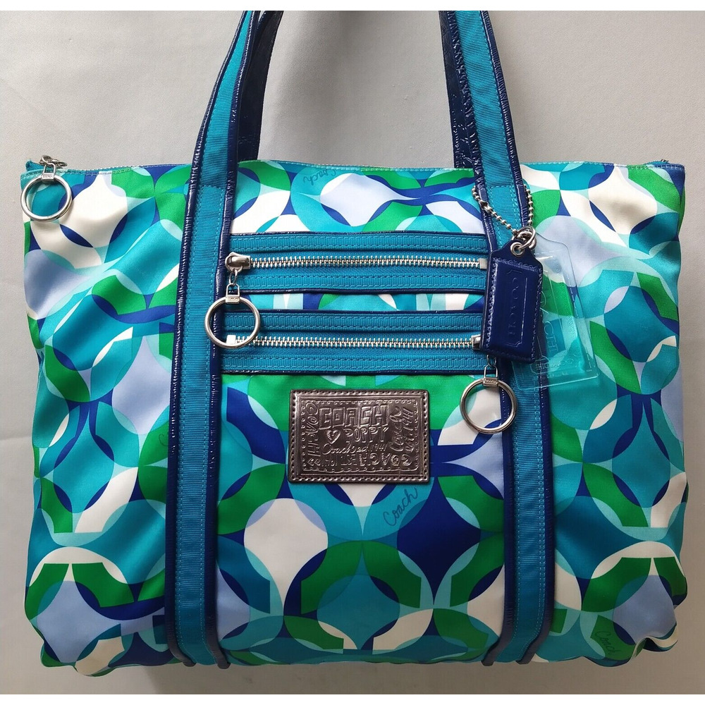 Coach Poppy Multicolor Canvas Leather Trim Zipper Pocket Tote Shoulder Bag - Picture 3 of 16